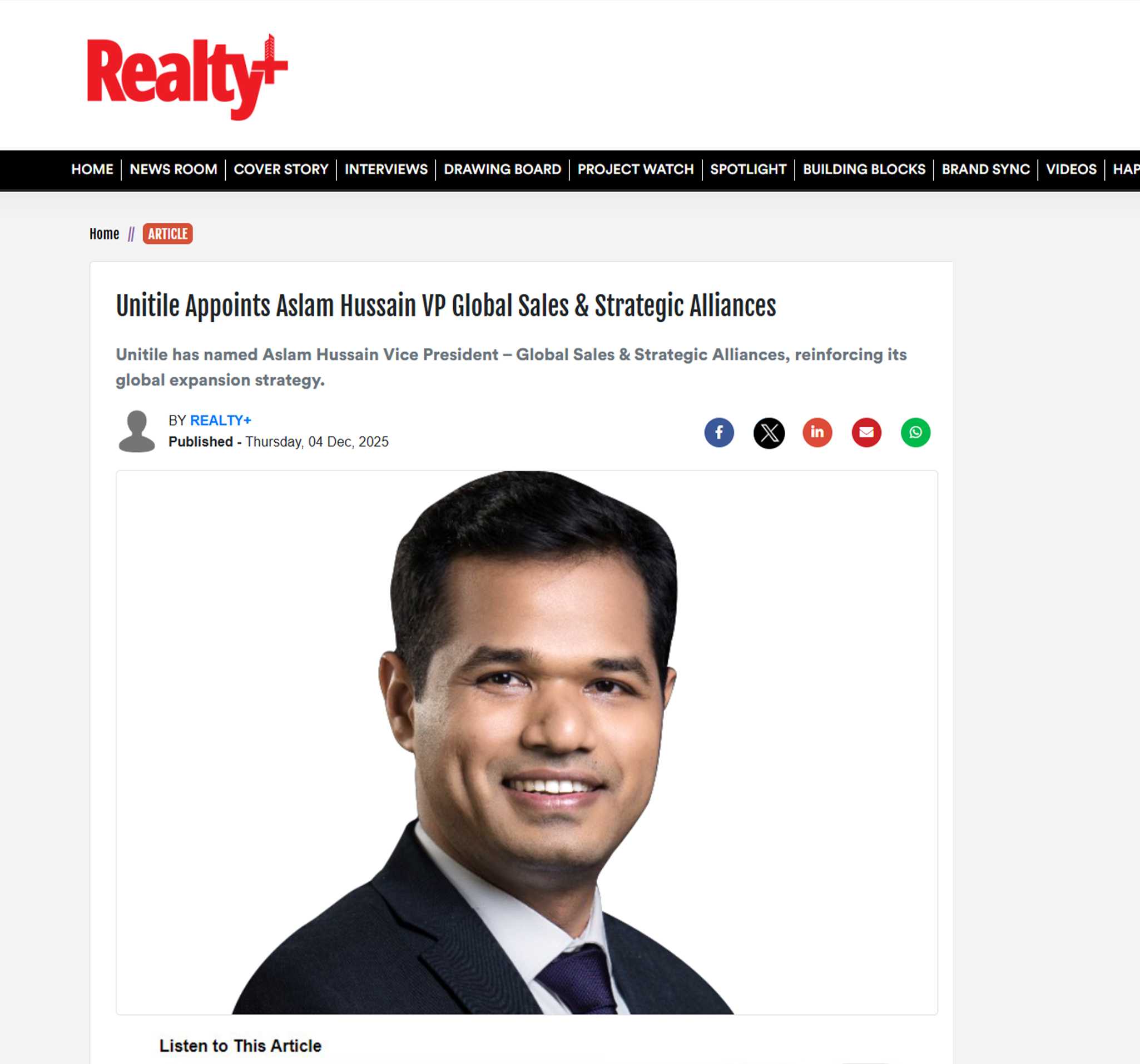 Unitile Appoints Aslam Hussain